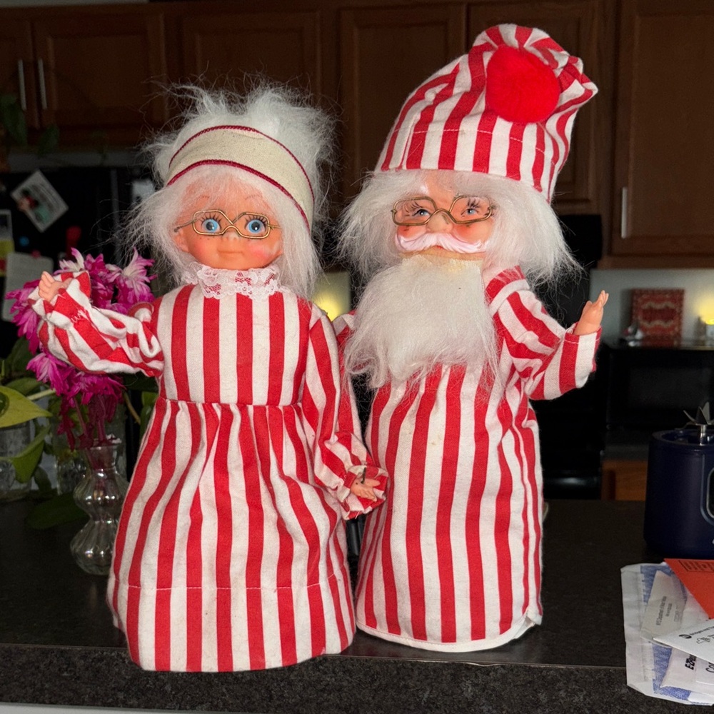 Vintage 1950’s Red and White Striped Santa and Mrs. Claus Dolls